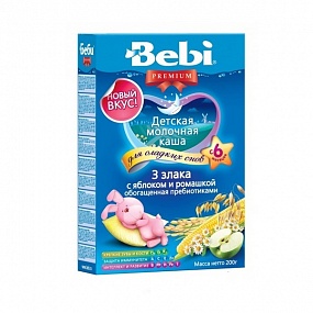 Bebi Premium каша молочная 3 злака яблоко ромашка с пребиотиками (с 6 мес) 200 гр
