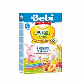Bebi Premium каша молочная 5 злаков с абрикосом и малиной (с 6 мес) 200 гр